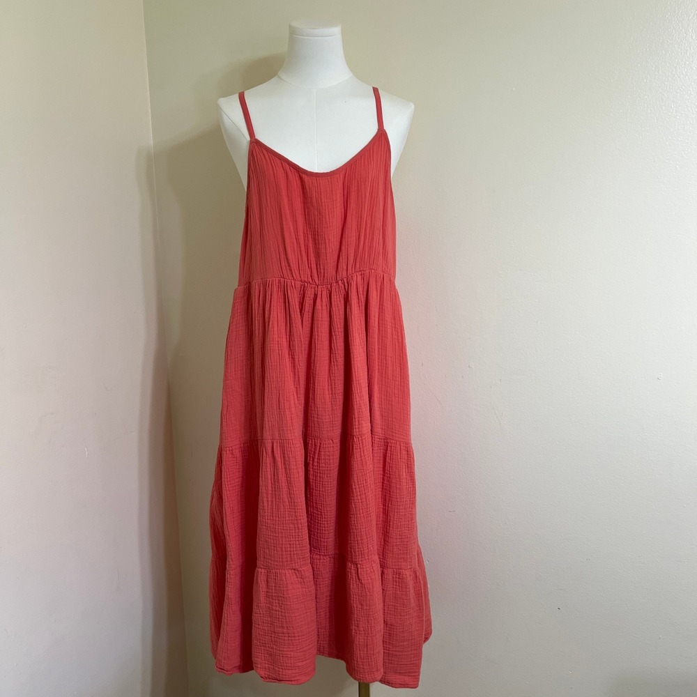 Chelsea & Theodore Coral Pink 100% Cotton Gauze Tiered Midi Dress XL Adj. Straps
